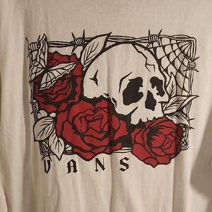 Vans White Tee with Red Skull and Rose Design